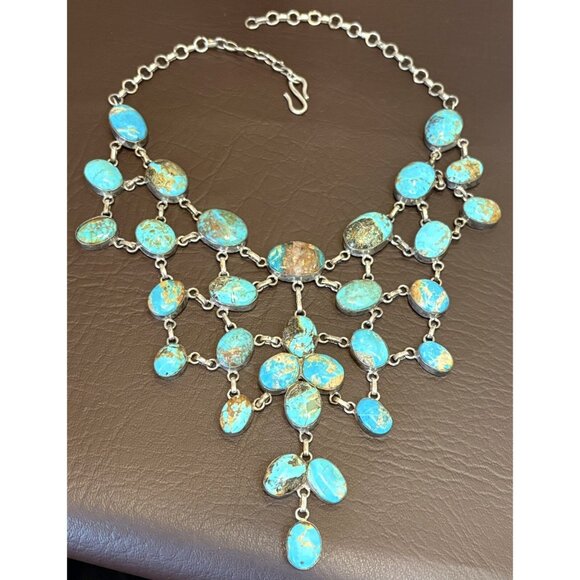 Vintage Sterling Silver Southwest Kingman? Turquoise Bib Statement Necklace 118g - Picture 3 of 14